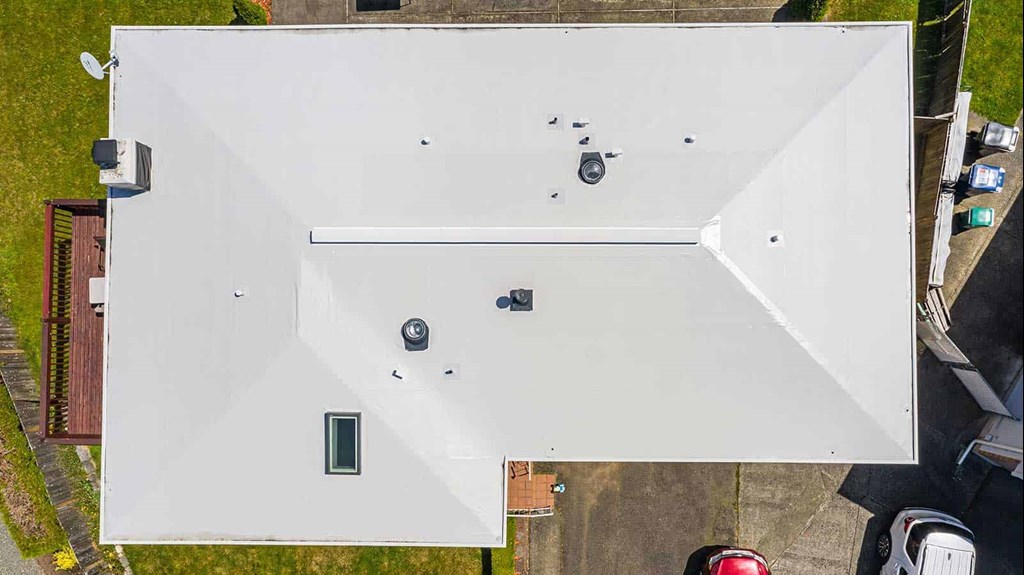 Aerial View of Modern Roof with Flat PVC Roofing - Seattle, WA - Valentine Roofing